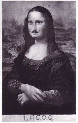 A black and white postcard of Leonardo's Mona Lisa with a thin moustache and a small beard drawn on her face, and the letters L.H.O.O.Q. written below.