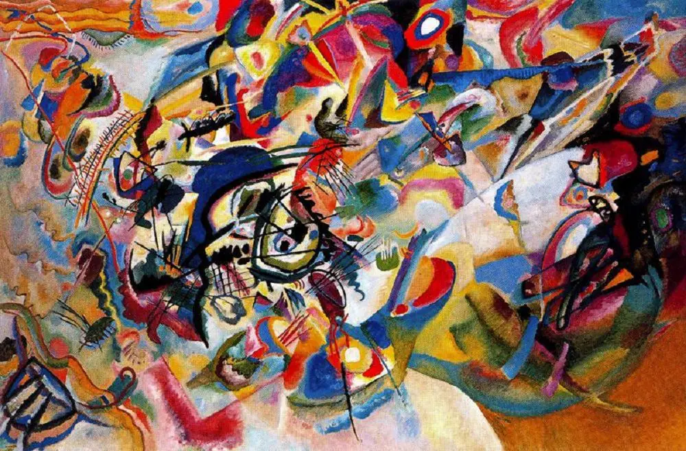 A large, crowded abstract painting full of swirling colours, black lines, circles and patches of red, blue and yellow, with no recognisable objects.