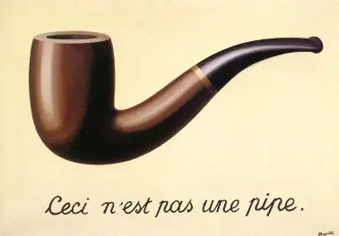 A smooth brown tobacco pipe painted on a plain cream background, with the words "Ceci n'est pas une pipe." written neatly underneath.