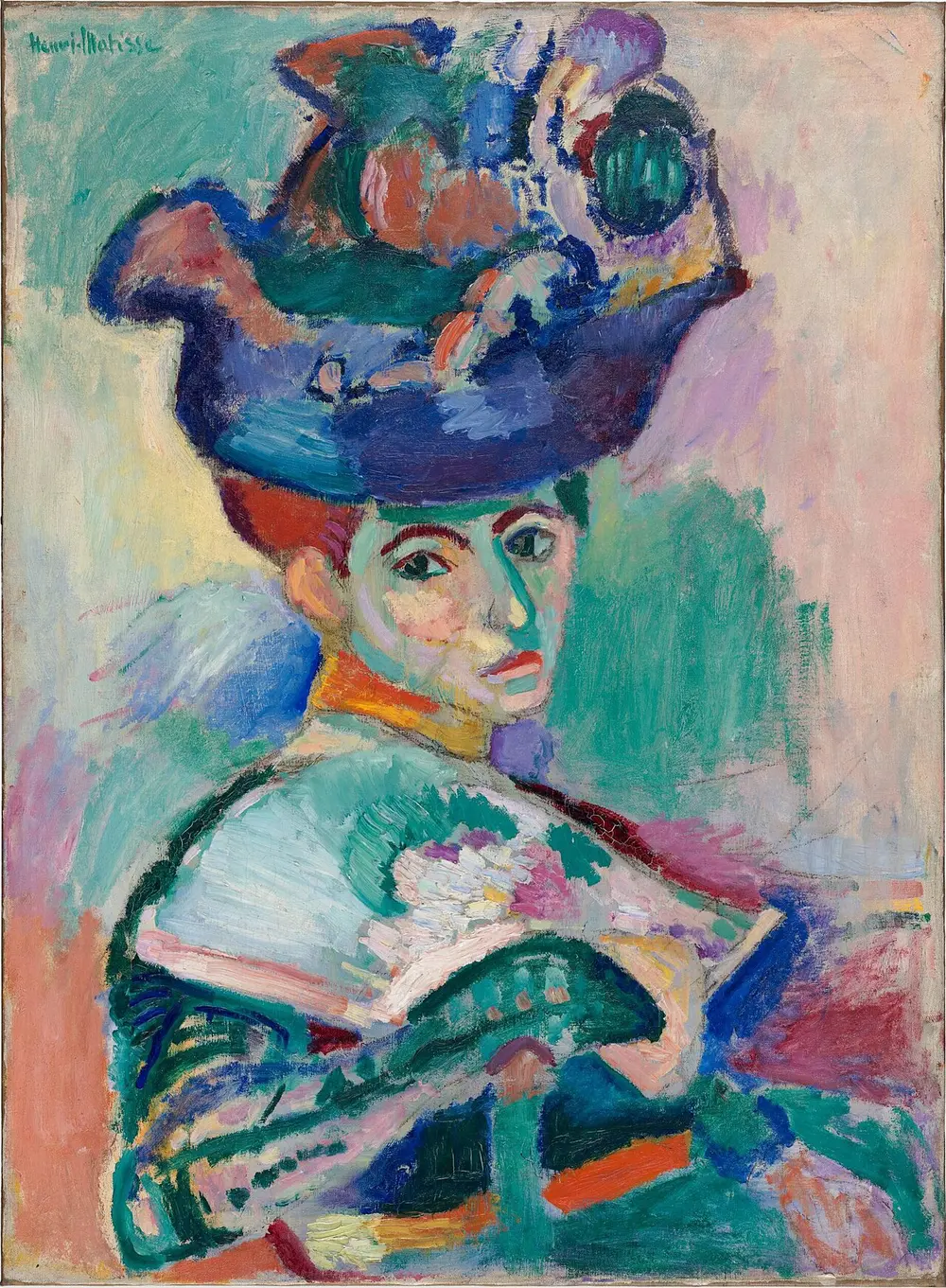 A portrait of a woman in a huge, colourful hat. Her face is painted in patches of green, pink and orange, with rough, quick brushstrokes.