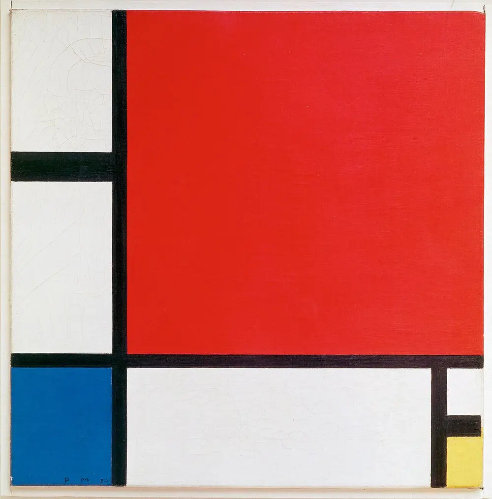 A square painting divided by thick black lines into white rectangles, one large red square, a small blue rectangle and a tiny yellow one.