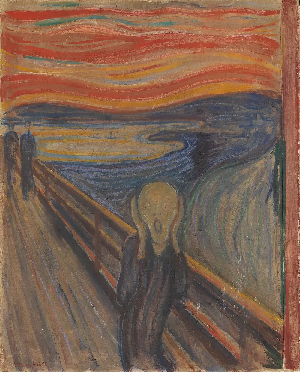 A pale figure with a skull-like face holds its hands to its cheeks on a bridge, under a swirling sky of red and orange stripes over a dark blue fjord.