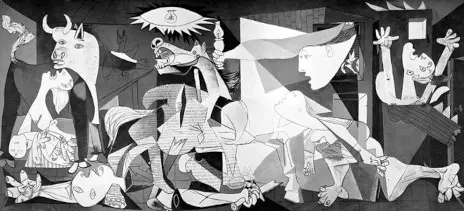 A wide black, white and grey painting crowded with a screaming horse, a bull, a mother holding a dead child, a fallen soldier and an eye-shaped lamp.
