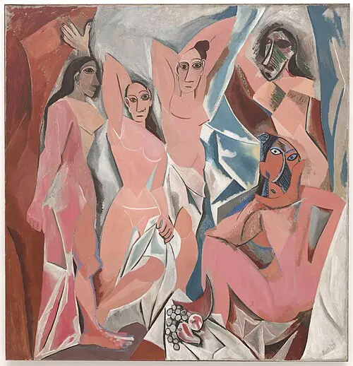 Five nude women, standing and seated, painted as flat, sharp, angular shapes in pink and blue. The two on the right have faces like masks.