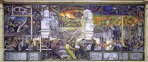 A long wall painting of a car factory, crowded with workers pulling, lifting and operating huge grey machines.