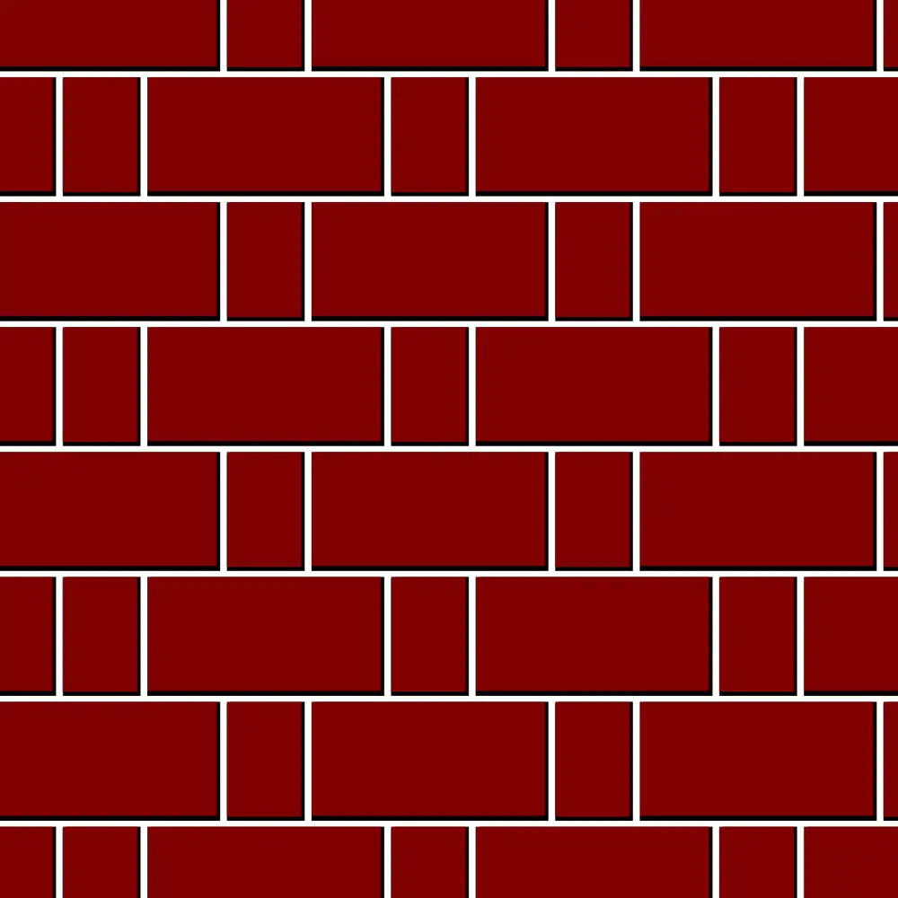 A drawing of the face of a brick wall in rat-trap bond: in every row, long bricks alternate with short bricks set on end, and the short ones in each row sit over the middle of the long ones below.