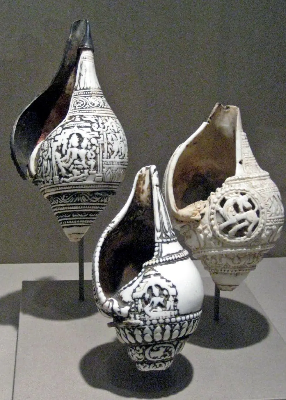 Three large white conch shells on stands in a museum case, their surfaces carved with fine black lines showing gods, flowers and patterns.