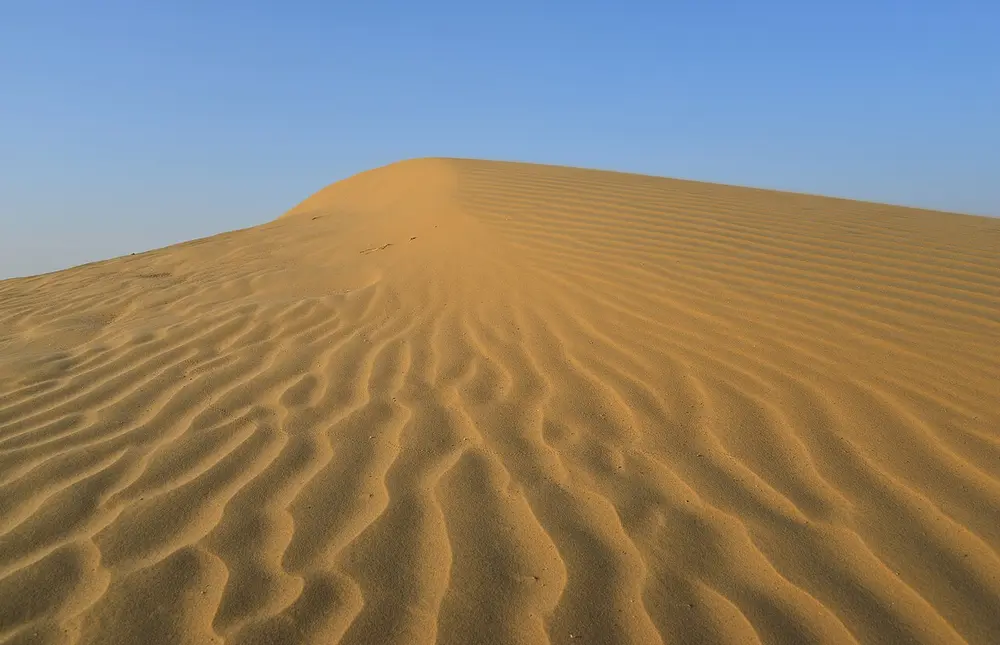 A smooth orange sand dune with wind ripples across its slope, under a blue sky.