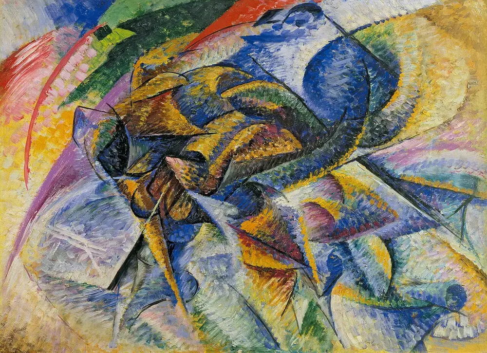 A painting of curving and angled shapes in blue, yellow, orange and red that rush from left to right, suggesting a cyclist bent low over his bicycle at speed.
