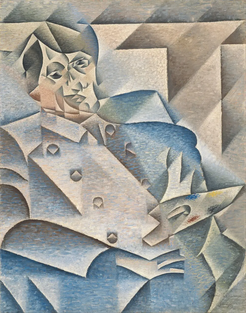 A portrait of a man holding a painter's palette, broken into many flat, angled planes of blue, grey and brown, so that his face, collar and jacket look like folded and overlapping pieces.