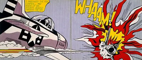 A wide painting in two panels in comic-book style. On the left a fighter plane fires a rocket; on the right another plane explodes in red and yellow flames under the word "Whaam!", with a speech box at the top left.