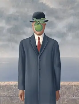 A man in a dark overcoat, red tie and bowler hat stands in front of a low wall by the sea under a cloudy sky, his face hidden by a floating green apple.