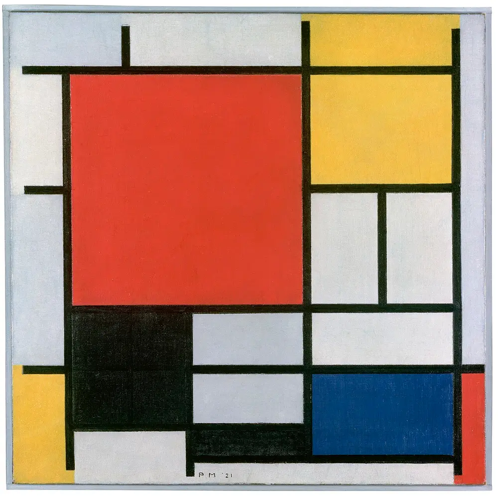 A square painting divided by thick black lines into rectangles, with a large red square at the top left, yellow at the top right, blue and black blocks at the bottom, and the rest pale grey and white.