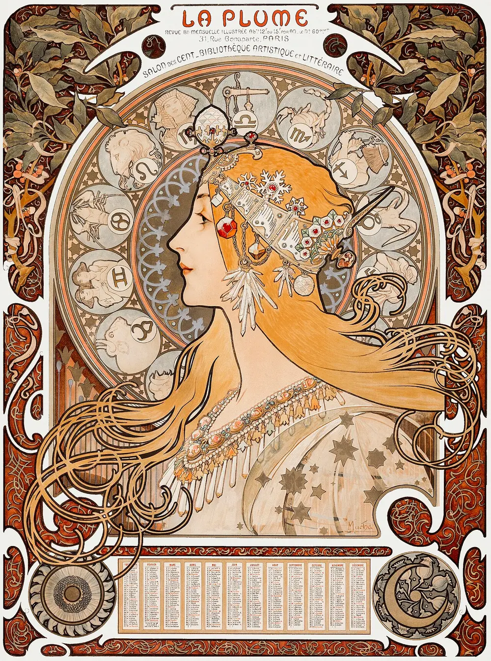 A poster of a woman in profile with long golden hair flowing in curls, wearing a jewelled headdress, in front of a large halo-like disc carrying the twelve signs of the zodiac, inside a frame of plant shapes with the words La Plume at the top.