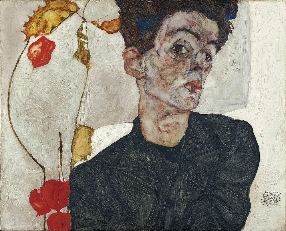 A pale young man with wild dark hair turns his head sharply and stares out, his thin face drawn with nervous, scratchy lines and patches of green and red, beside a stem of orange-red lantern-shaped seed pods on a white background.