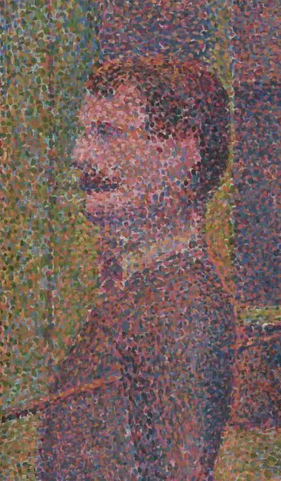 A close-up of a painted man in profile, made entirely of tiny separate dots of violet, orange, blue and green paint.