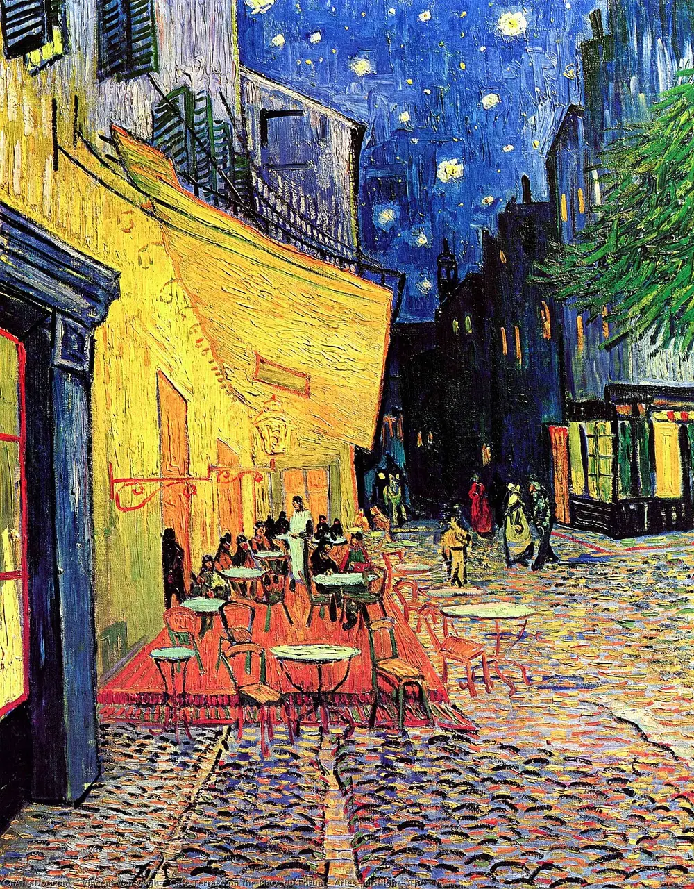 A café terrace under a glowing yellow awning at night, with tables and people on a cobbled street that leads off into the dark, beneath a deep blue sky full of large stars.