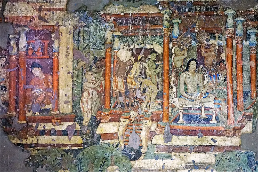 A crowded wall painting of a palace with red pillars, where a long-haired prince sits on a stool while servants carrying pots pour water over him and others watch.