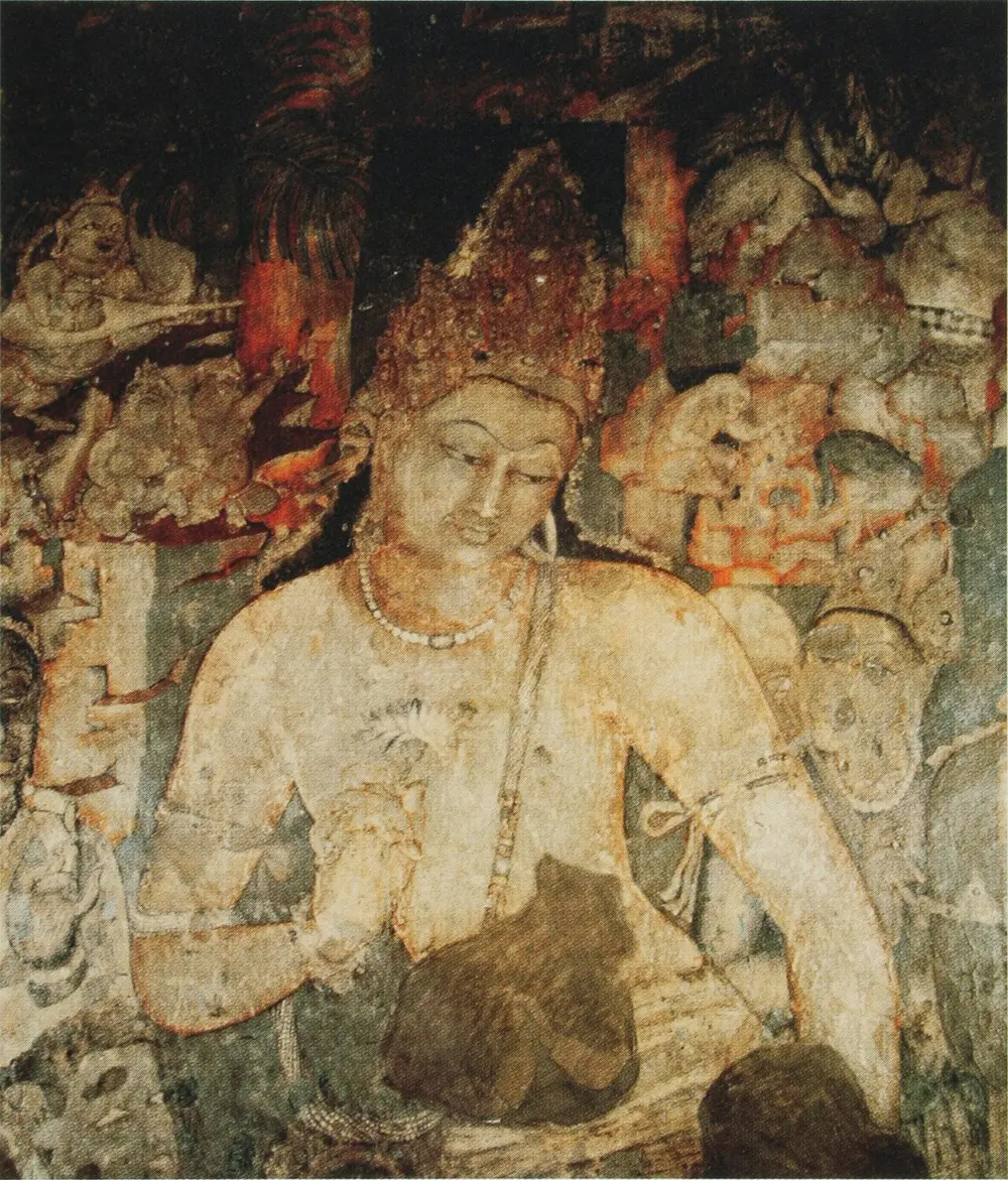 A wall painting of a calm young man with a tall jewelled crown, lowered eyes, a pearl necklace and a slightly bent head, surrounded by smaller faded figures.