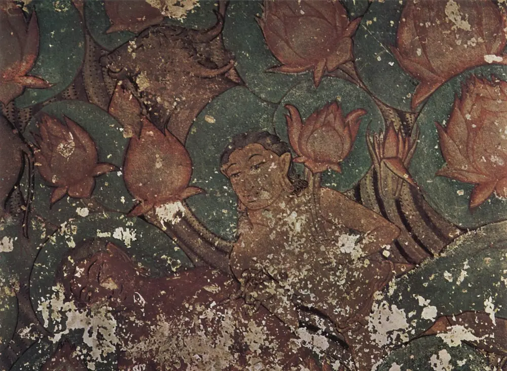 A faded ceiling painting of a lotus pond with large pink lotus buds on round green leaves, and a man with a lotus in his hand standing among them.