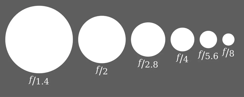 Six white circles on a grey background, getting smaller from left to right, labelled f/1.4, f/2, f/2.8, f/4, f/5.6 and f/8.