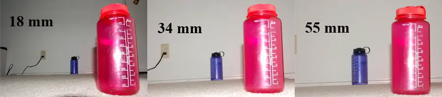Three photos labelled 18 mm, 34 mm and 55 mm. A pink water bottle in front stays the same size in all three, while a small blue bottle behind it grows larger from left to right.