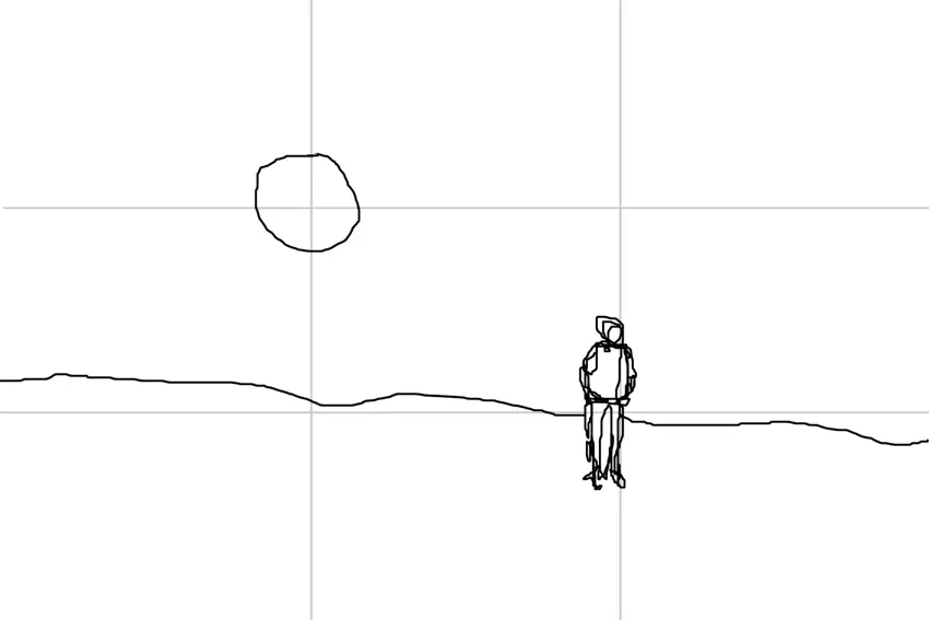 A simple line sketch divided by two faint vertical and two faint horizontal lines. A sun sits where the left vertical line meets the top line, a standing person sits on the right vertical line, and the horizon runs along the lower line.