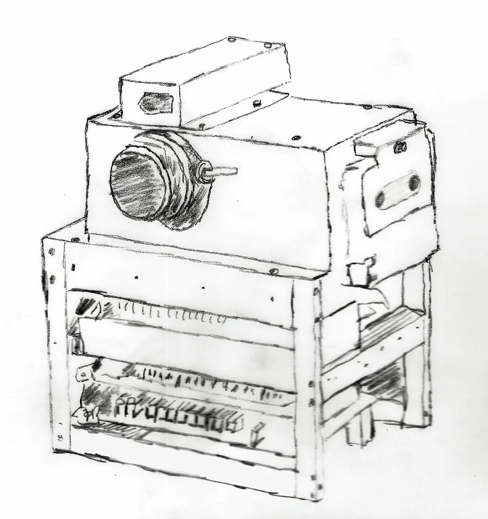A pencil drawing of a boxy prototype camera with a lens on a small box at the top and a stack of exposed circuit boards below.