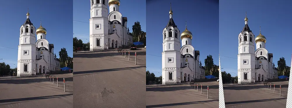 Four photos of the same white church with a bell tower and gold domes. In the first, taken with the camera tipped up, the tower leans backwards. In the second, with the camera level, the top is cut off. In the third, with the lens shifted up, the whole church fits and its walls are upright. The fourth is the first photo straightened on a computer.