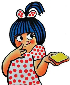 A cartoon of a chubby little girl with blue hair tied up with a bow, wearing a red polka-dot dress, licking her finger and holding a slice of buttered bread.