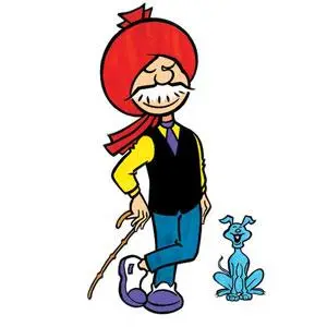 A cartoon of a small old man with a big white moustache, a red turban and scarf, a black waistcoat over a yellow shirt and a walking stick, standing beside a small blue dog.