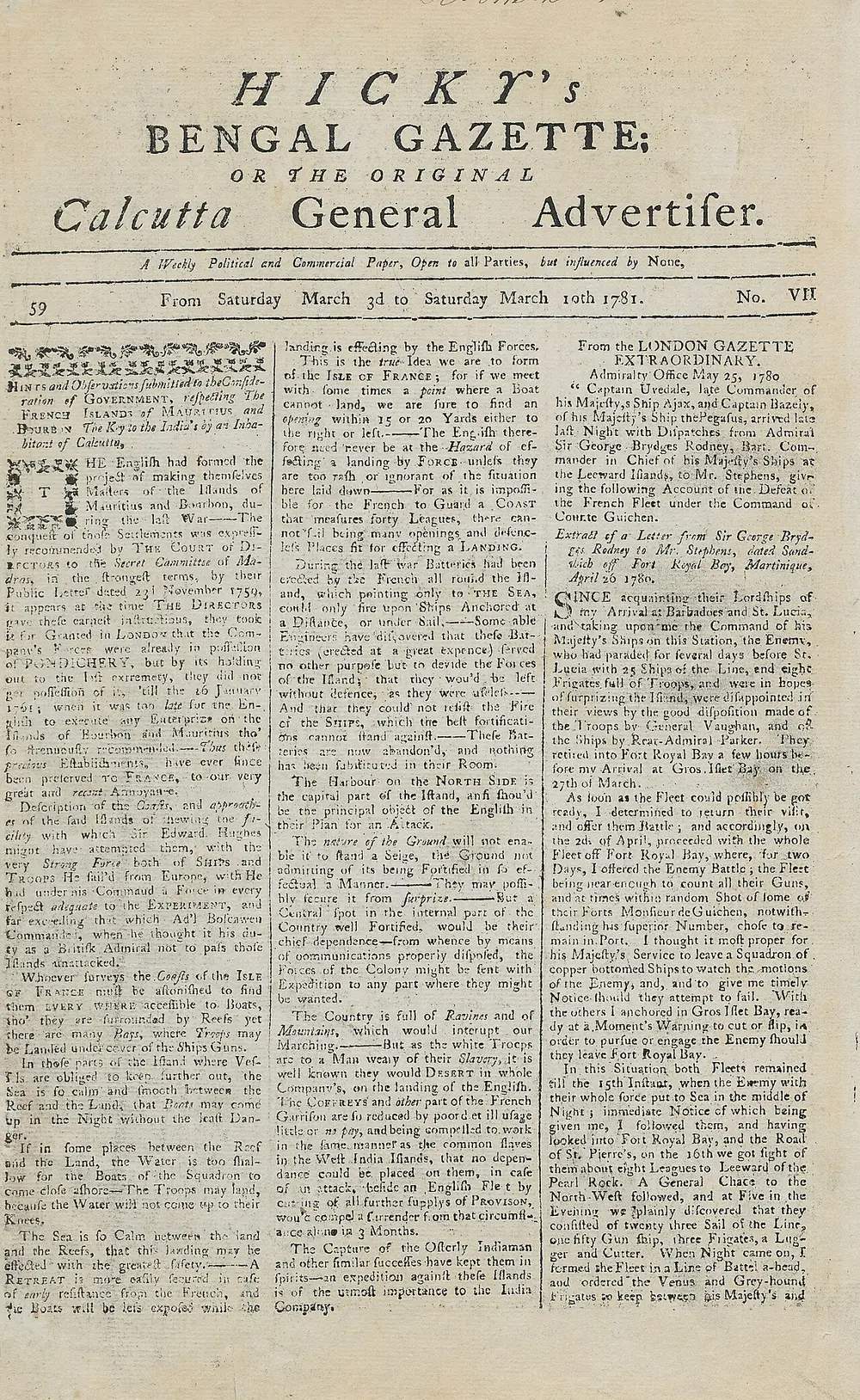 The front page of an old newspaper with the title Hicky's Bengal Gazette, or the Original Calcutta General Advertiser across the top, above three columns of small, dense printed text.