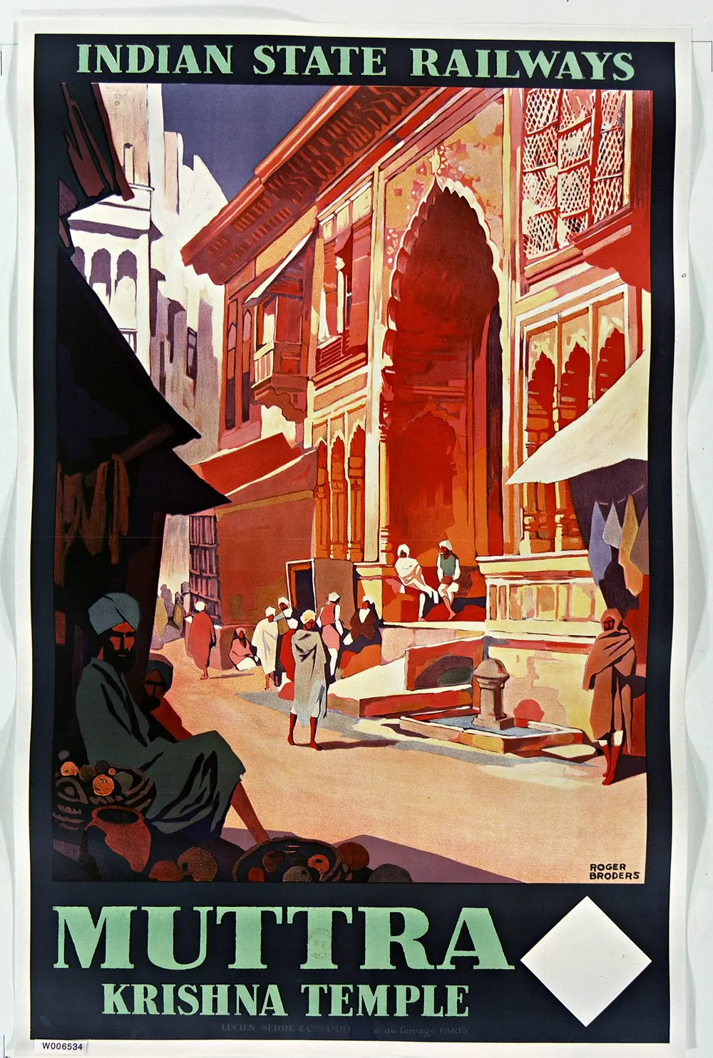 A travel poster headed Indian State Railways, showing a tall red sandstone gateway with carved balconies above a street with a few small figures, and the words Muttra, Krishna Temple in green capitals at the bottom.