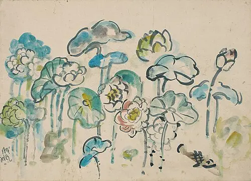 A loose watercolour sketch of lotus leaves and flowers in blue, green and pink on cream paper, drawn with quick brush strokes.