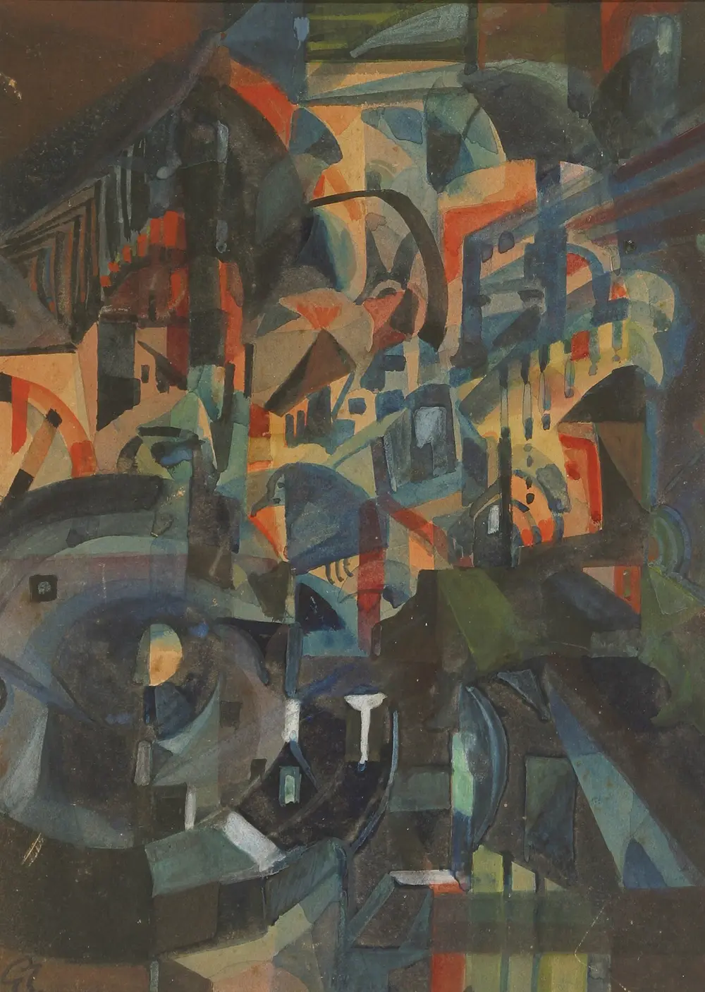 A painting broken into sharp, overlapping shapes of light and shadow that suggest arches, stairs, pillars and windows in a glowing night city.