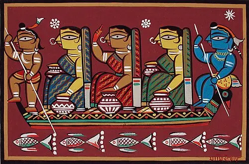 A painting of a boat on a dark red ground carrying five people in a row, a boatman with a pole at one end and a blue-skinned Krishna at the other, with large almond eyes and bold black outlines, and a row of fish below.