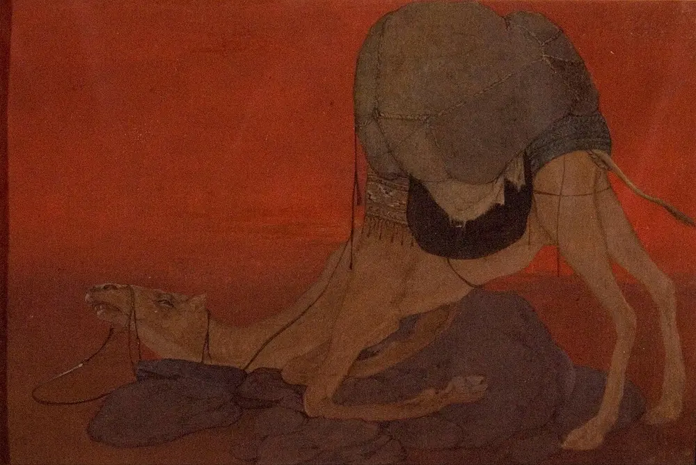 A dark red watercolour of a camel that has collapsed on its knees under a heavy load, its head stretched along the ground.