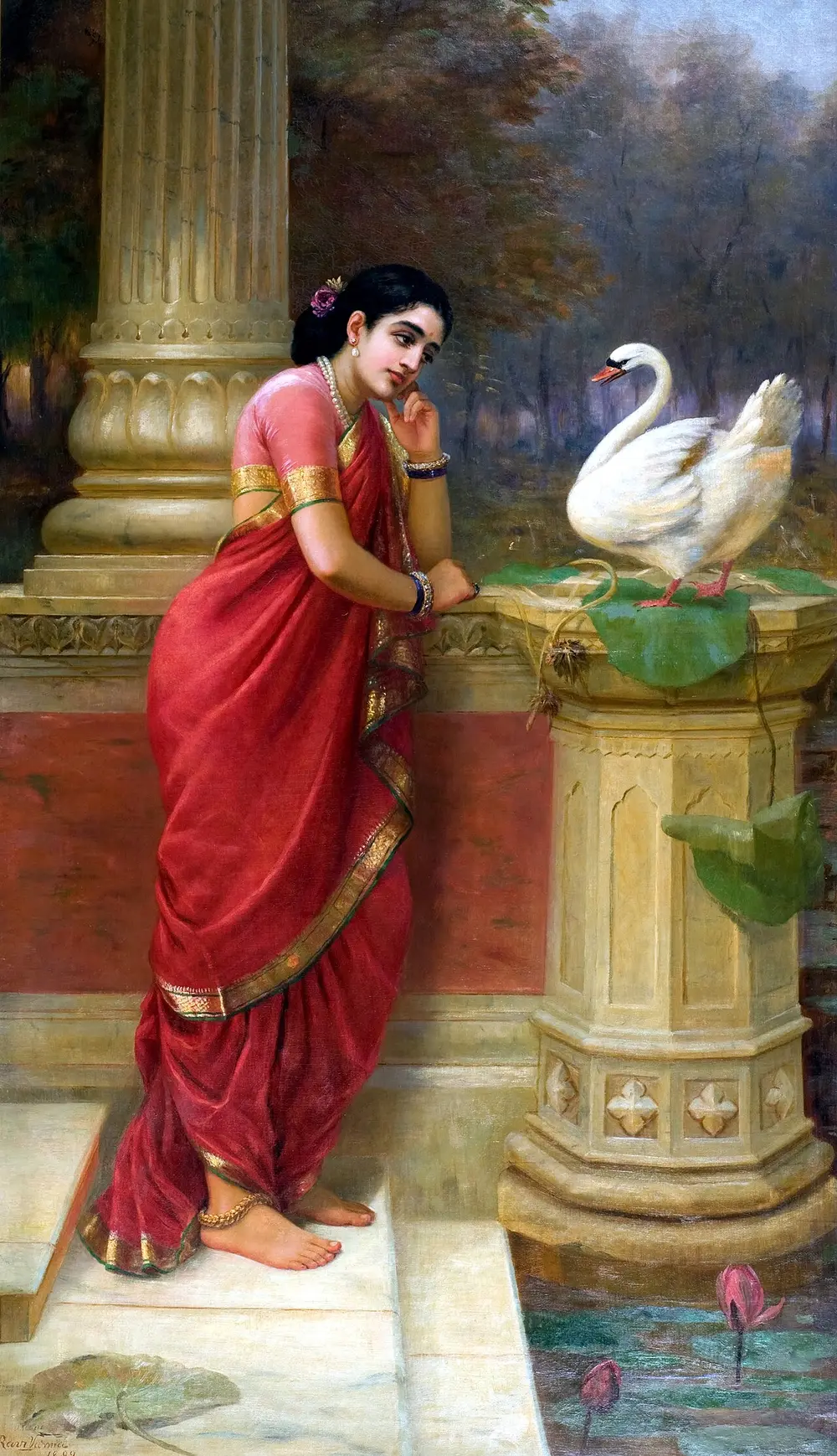 An oil painting of a young woman in a red sari leaning on a carved stand beside a pillar, her chin in her hand, listening to a white swan standing in front of her.