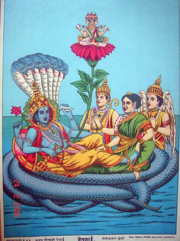 A brightly coloured print of blue-skinned Vishnu lying on a coiled many-headed serpent on blue water, with Lakshmi at his feet, two gods beside him and Brahma on a lotus above.