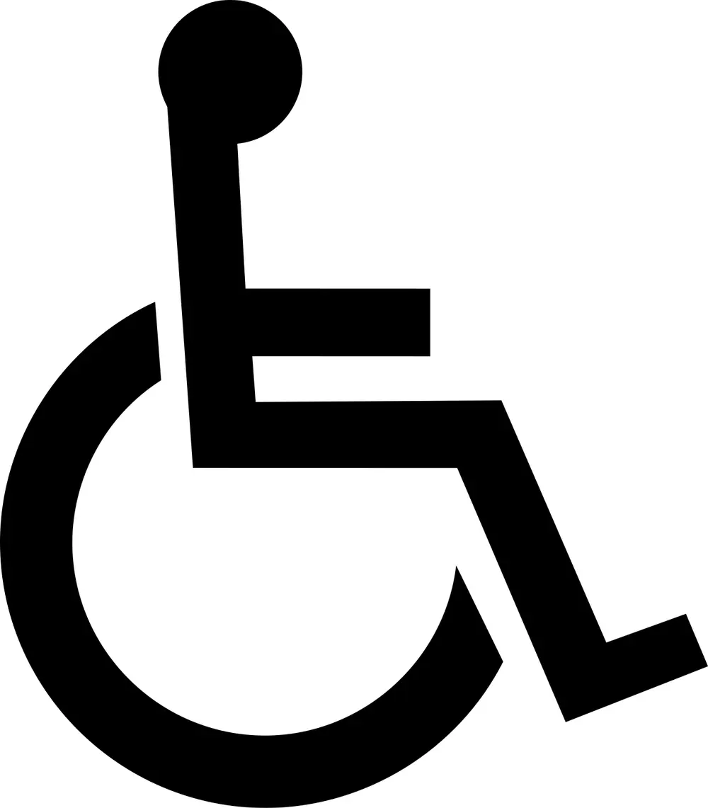 A black symbol of a seated stick figure with a round head, in a wheelchair drawn as an open circle.
