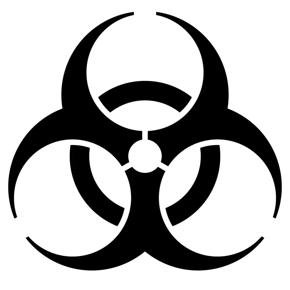 A black symbol of three open, overlapping rings joined around a small central circle.