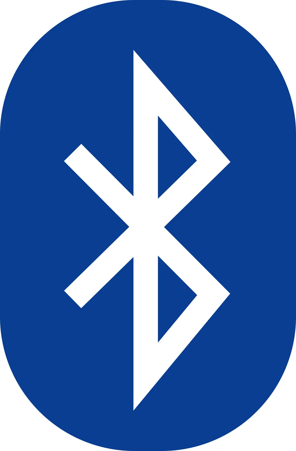 The Bluetooth logo: an angular white rune like a pointed letter B crossed with an X, on a dark blue rounded shape.