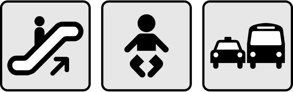 Three square black-on-grey pictograms: a person on an escalator going up, a baby, and a taxi beside a bus.
