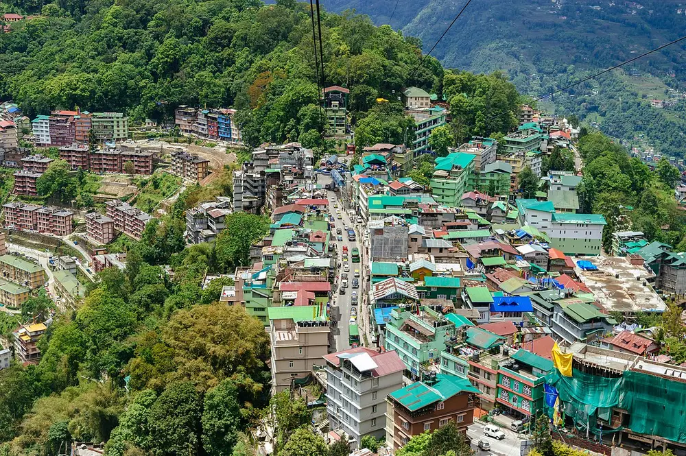A hillside town of colourful buildings packed along a ridge, surrounded by green forest, seen from a cable car.