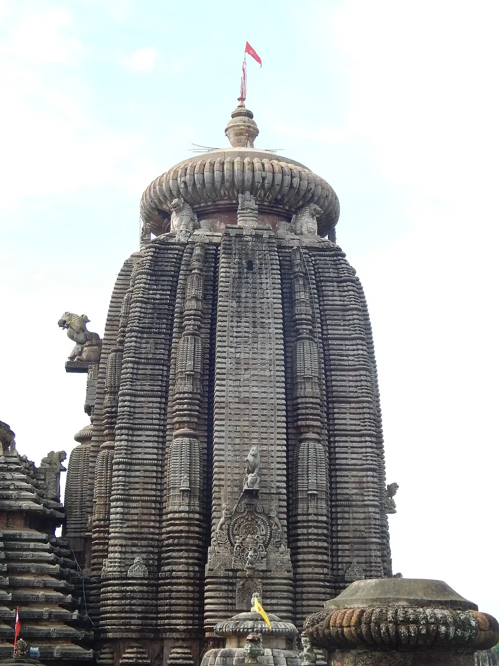 The tall, ribbed stone tower of the Lingaraja Temple, curving inward towards a large round cap with a flag on top.