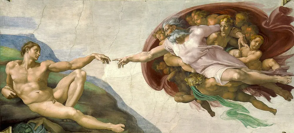 A fresco of a reclining nude Adam stretching out his hand towards God, an old bearded man carried through the air with angels, their fingers almost touching.
