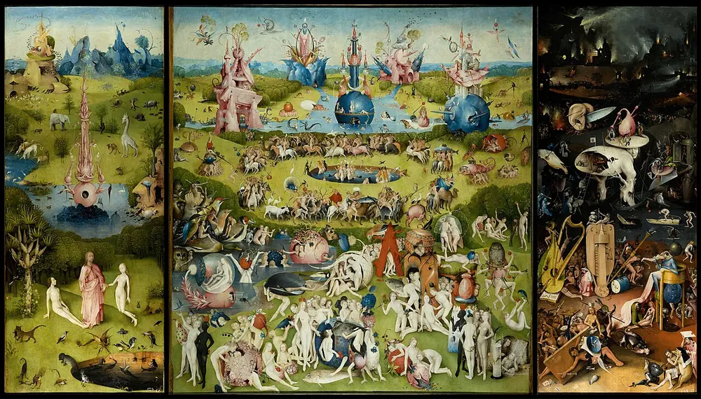 A three-panel painting: on the left a calm Garden of Eden, in the middle a crowded park full of nude figures, giant fruit and strange pink towers, and on the right a dark, burning hell.