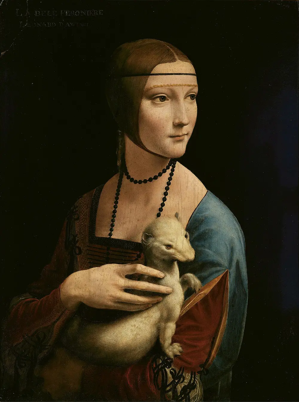Portrait of a young woman against a black background, turning to her left and holding a white ermine, a slender weasel-like animal, in her arms.