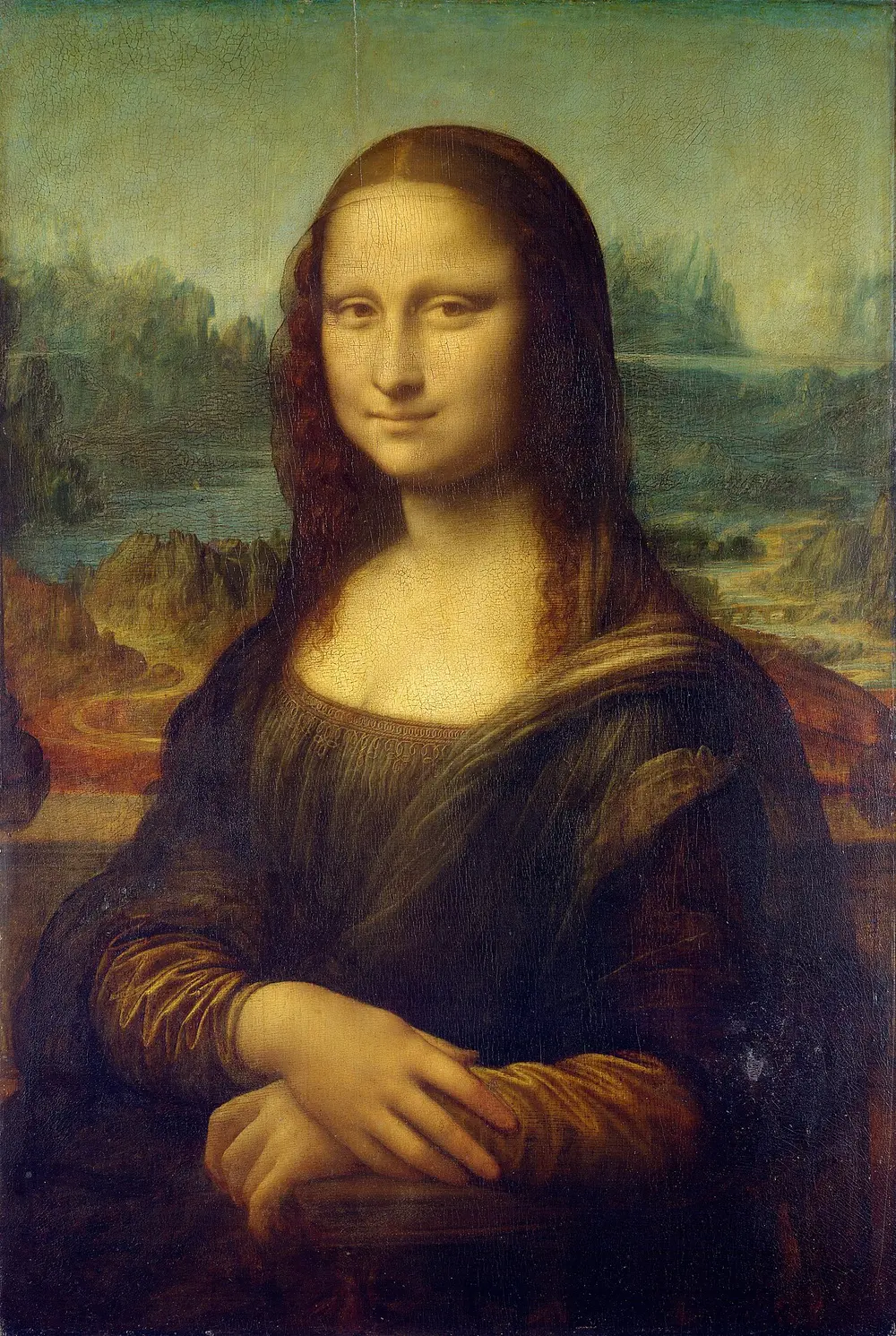 Half-length portrait of a woman in dark clothes with folded hands and a faint smile, in front of a misty landscape of winding paths, water and rocks.