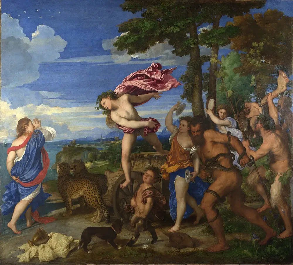 The wine god Bacchus leaps from a chariot pulled by two cheetahs towards the startled Ariadne on the shore, under a deep blue sky, with a noisy crowd behind him.